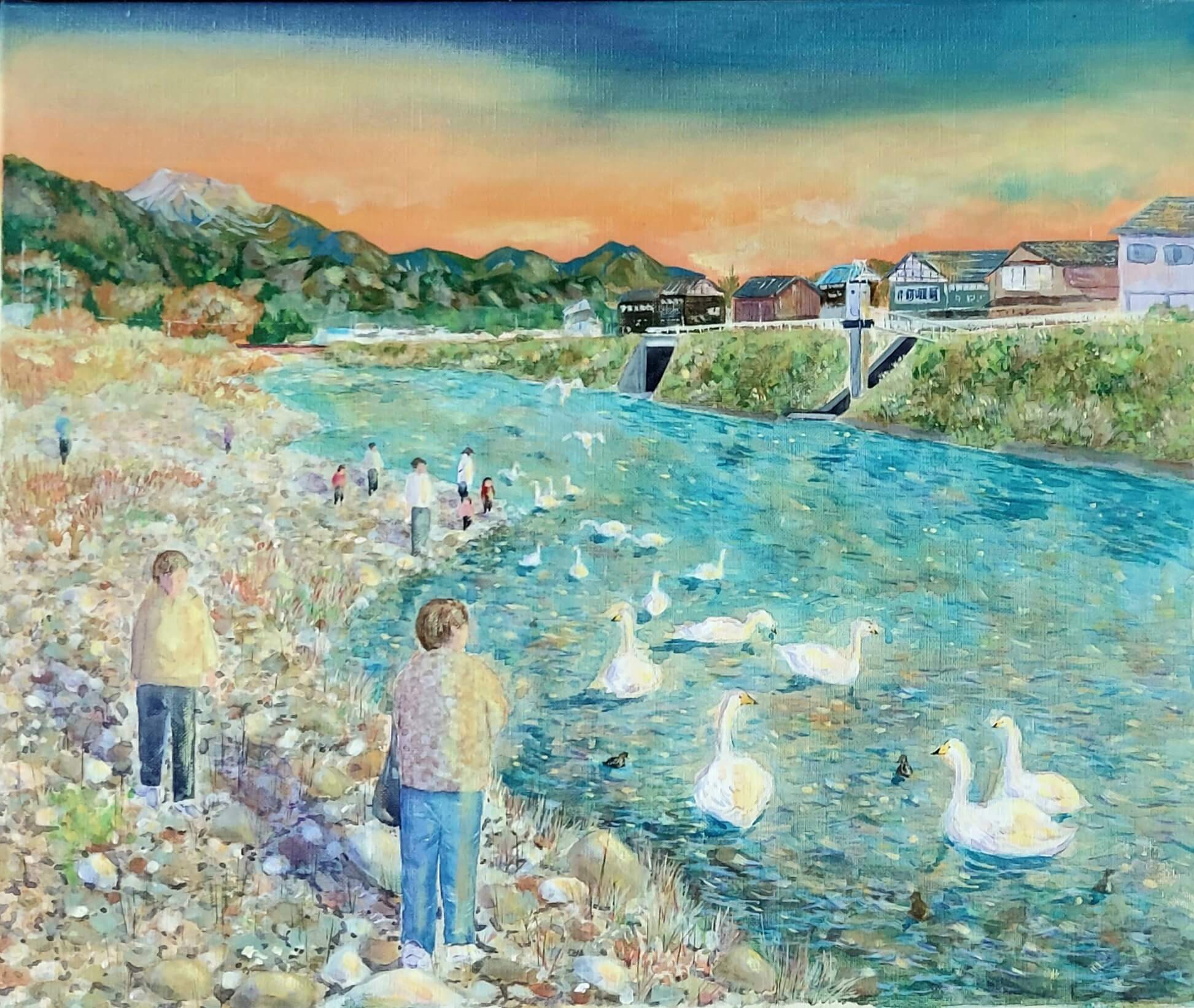 母と見た白鳥 [作者:村田 健心] – CANVAZ.ART