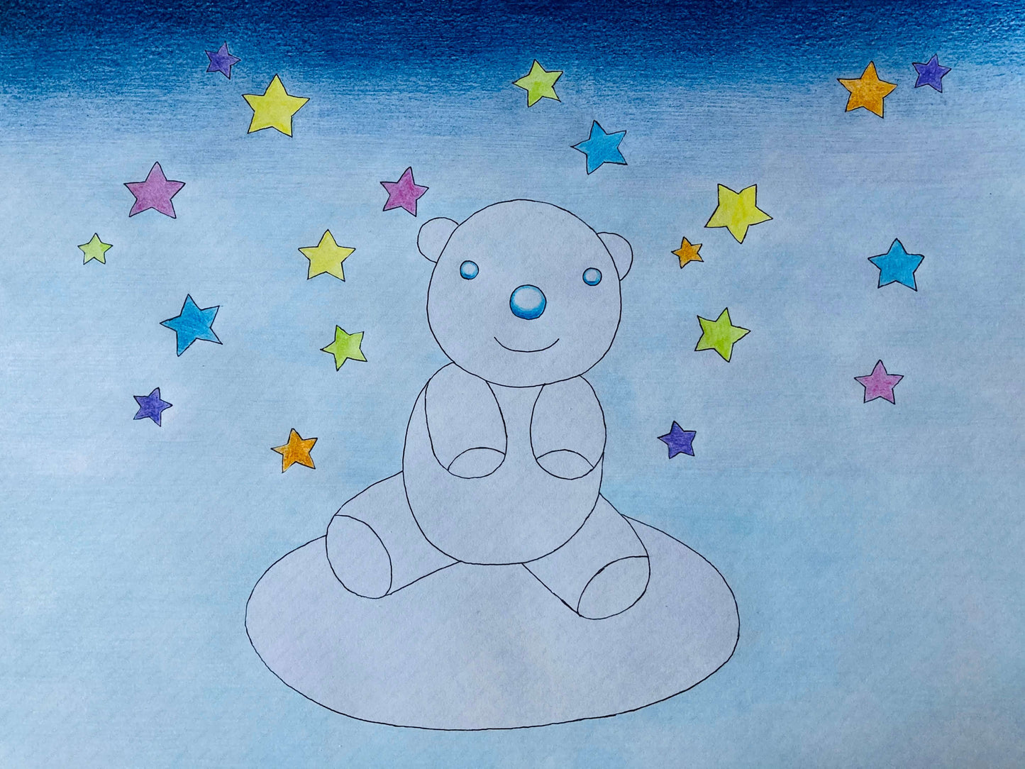 展示用絵画：夕暮れと星とくまこ [作者:鈴木里佳]