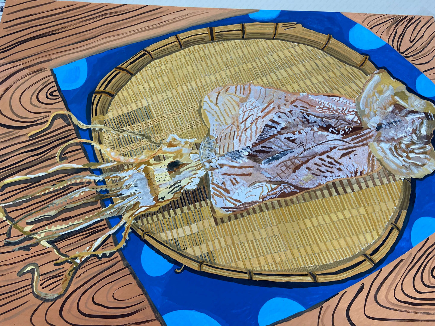 展示用絵画：縁側で干したスルメ [作者:道家　大偉之]