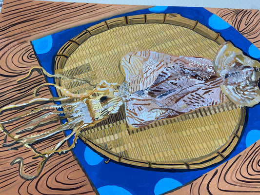 展示用絵画：縁側で干したスルメ [作者:道家　大偉之]