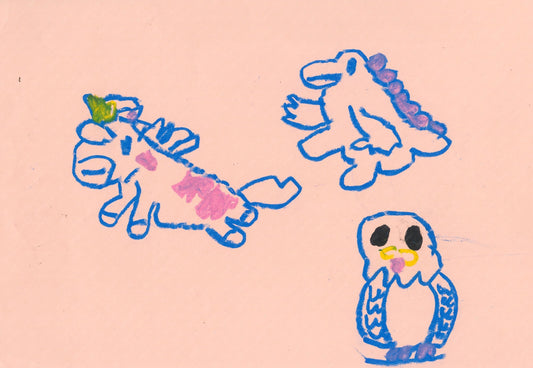 展示用絵画：ユニコーンとフクロウと恐竜 [作者:石田澄美玲]