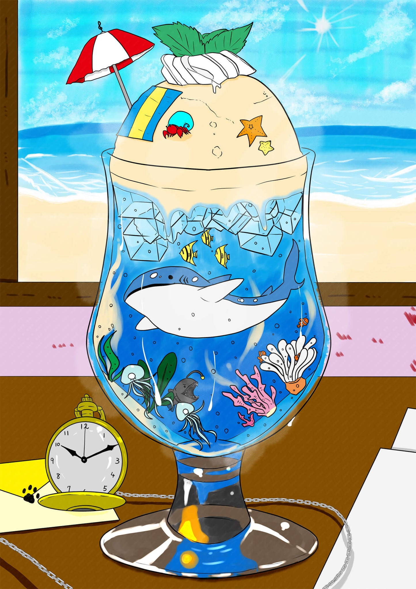 展示用絵画：夏とソーダの水族館 [作者:さあもん]