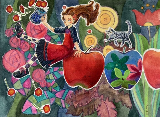 展示用絵画：花とりんごとネコ [作者:くみ]