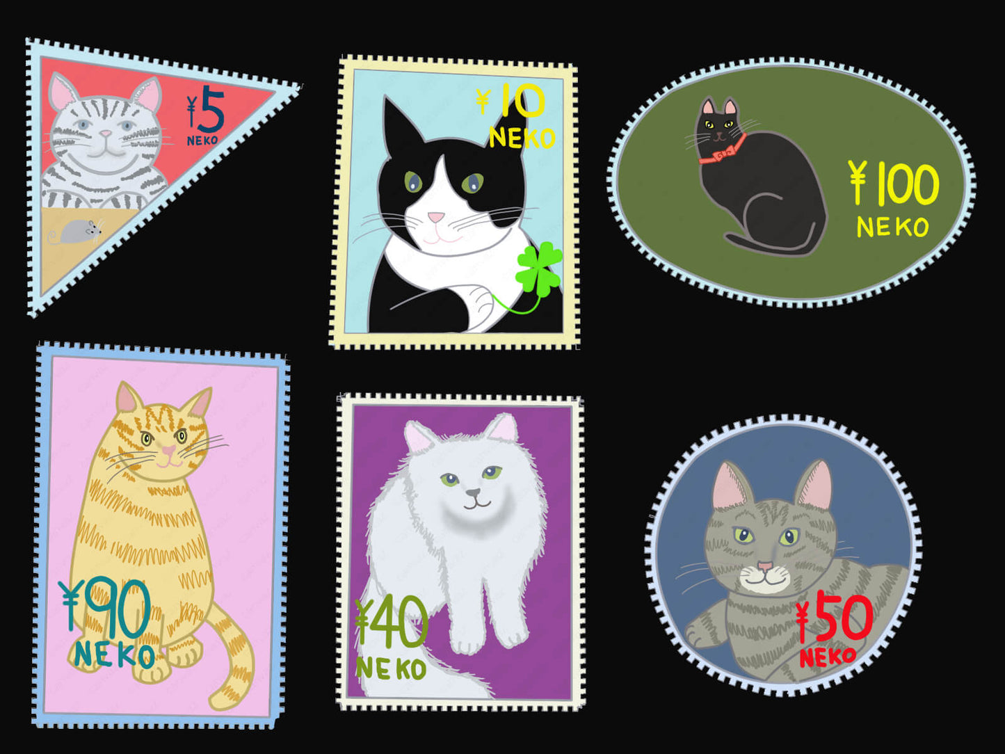 展示用絵画：偽物切手その１　猫の国 [作者:ちろ]