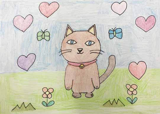 展示用絵画：ねことハート&花&ちょうちょ [作者:ヨツバ]